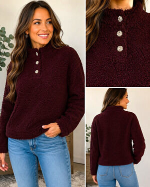Express Women’s Small Burgundy Sherpa Teddy Pullover Rhinestone Buttons Mock Nec